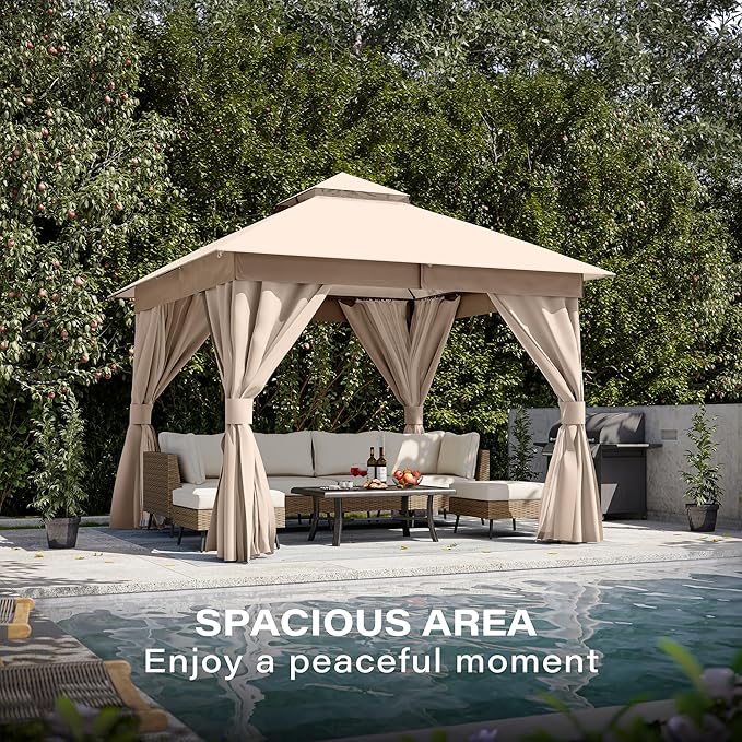 LAUSAINT HOME 10x10ft Outdoor Patio Gazebo with Double Roof, Heavy Duty Waterproof Gazebo Canopy Tent with Mosquito Netting for Backyard, Garden, Lawn & Wedding, Khaki