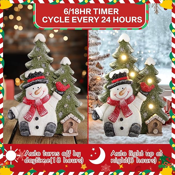 Christmas Snowman Decor with Led Lights,Snowman Statues and Figurines for Indoor Christmas Decorations,Winter Holiday Xmas gifts for Women,Xmas Statues with Timer for home Office Table Shelf Fireplace