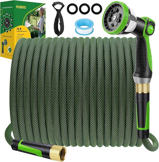 Non-Expandable Garden Hose 75 FT, Lightweight Hose with 10 Function Spray Nozzle, Kink-Free Flexible Water Hose, Durable, Leak-Proof, 360¡Æ Swivel Connectors, Portable Storage Strap