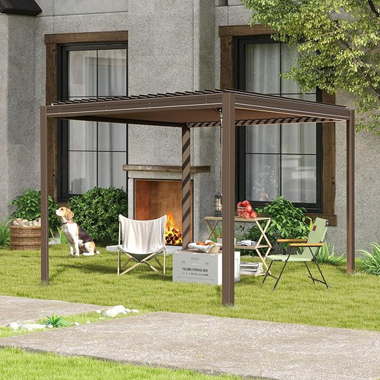 10’ x 10’ Louvered Pergola, Outdoor Pergola Aluminum Frame with Adjustable Rainproof Metal Roof, Permanent Sun Shade with Drainage System for Backyard, Garden and Lawn (Dark Brown)