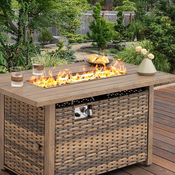 Nuu Garden 43¡± Propane Fire Pit, CSA-Listed Rattan Outdoor Fire Pit Table, 50,000 BTU Smokeless Gas Fire Table with Lid and Glass Beads, 2-in-1 Rectangular Fire Table for Outside Backyard Patio, Brown
