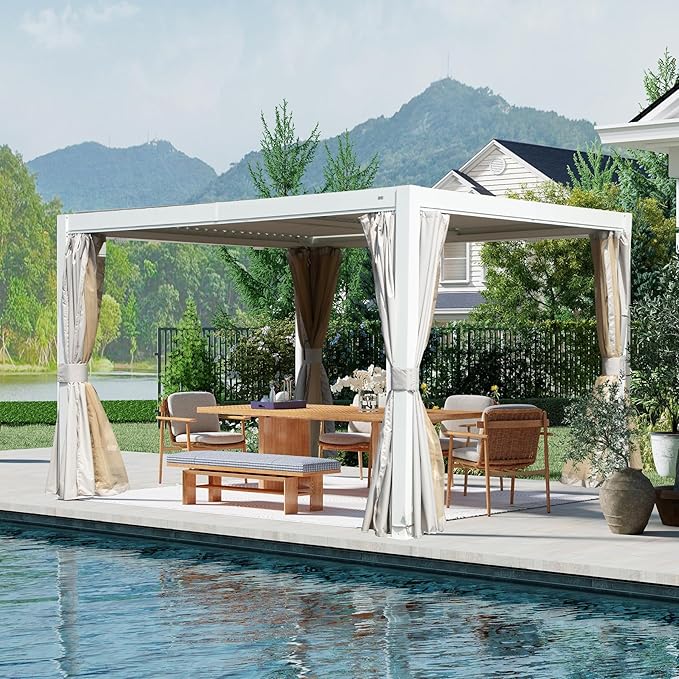 Louvered Pergola 10 x 12 FT, Aluminum Outdoor Pergola with Independent Adjustable Rainproof Top, Built-in Gutter System, Hardtop Patio Metal Pergolas for Deck Garden Backyard -White