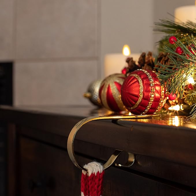 BIRDROCK HOME Christmas Stocking Mantel Hooks - Metal Fireplace Hanger with Non-Slip Pads - Holds Up to 10 lbs - Ideal for Hanging Stockings, Garland & Holiday Decor - 4 Pack, Scroll Design (Gold)
