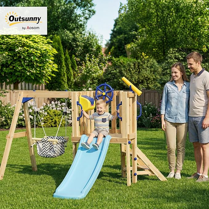 Outsunny Swing Set for Backyard, Wooden Toddler Outdoor Playset with Baby Swing Seat, Kids Slide, Fort, Playground Equipment with Captain's Wheel, Telescope for Ages 1.5-4, Natural