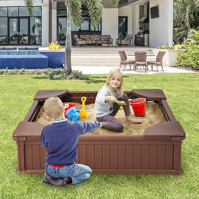 HONEY JOY 12.5 Kids Sandbox with Cover, 48 x 48 Inch Large HDPE Pit for Backyard, 4 Corner Seats & Bottom Liner, Sand Protection, All Weather Resistant Sand Boxes for Kids Outdoor (Coffee)