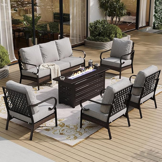 6 Piece Black Metal Outdoor Patio Furniture Sets with Firepit Table, Patio Conversation Sets 1 3-Seater Sofa, 4 Single Sofa with 5.75" Cushion Backyard Furniture for Deck, Light Gray