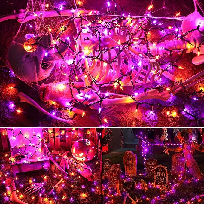 Halloween Lights - 2 Pack 21.5FT 100LED Conectable Waterproof String Lights Brighter Detachable Plug-in Lights Indoor & Outdoor for Halloween Decoration(Orange & Purple)