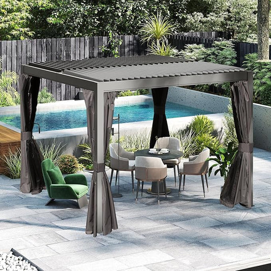 Louvered Pergola 10 x 12 FT, Aluminum Outdoor Pergola with Independent Adjustable Rainproof Top, Built-in Gutter System, Hardtop Patio Metal Pergolas for Deck Garden Backyard -Grey