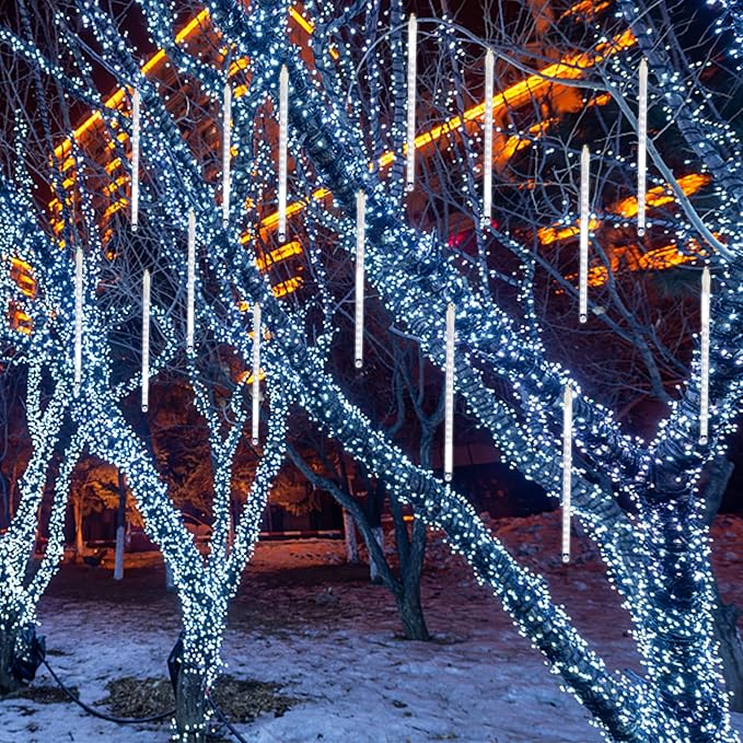 LJLNION Meteor Shower Icicle Lights, 12 Inch Outdoor Snow Falling Raindrop Lights, 8 Tubes 288 LED Xmas Wedding Party Tree Holiday Decor, White