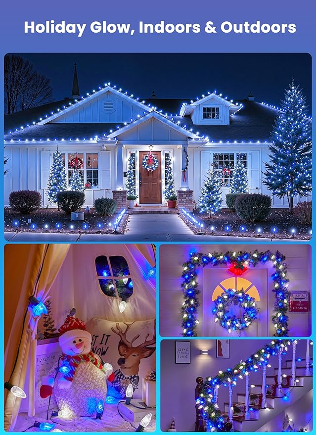 Christmas Pathway Lights Outdoor, 2 Pack 26 Ft 20 LED C9 Strawberry String Lights with Stakes, Connectable Waterproof Outside Christmas Lights Marker for Path, Lane, Patio Decor, Blue & Pure White