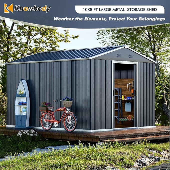 10x8 FT Outdoor Storage Shed, Large Garden Tool Metal Sheds with Sloping Roof and Lockable Door, Outdoor Storage Shed for Backyard Garden Patio Lawn, Grey
