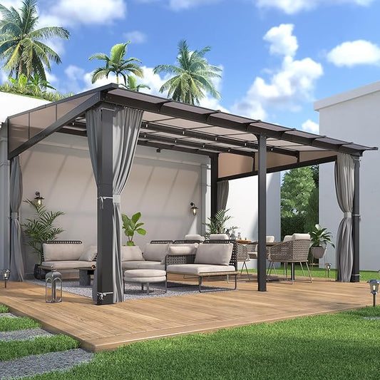 GARTOO 12’ x 14’ Gazebo for Patio - Aluminum Lean to Gazebos Pergola with Sloping Roof, Outdoor Wall-Mounted Canopy Awnings to House for Patio, Garden, Lawn, Backyard Deck