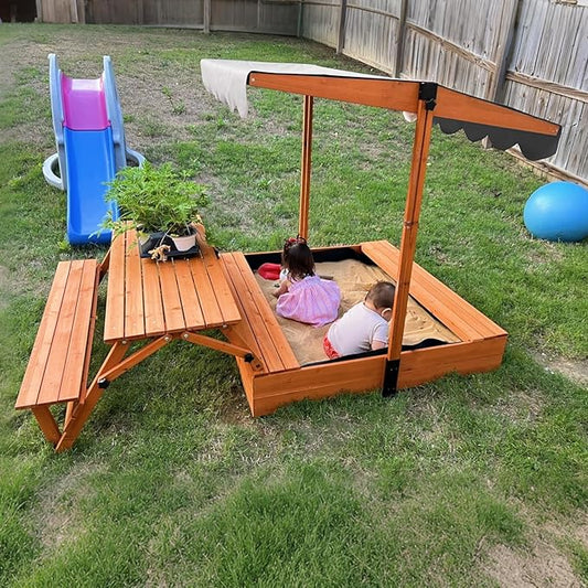 Wooden Kids Sandbox with Lid, Outdoor Sand Box with Picnic Table, Sandpit with Cover Canopy for Aged 3-8 Years Old, Adjustable Roof Bottom Liner