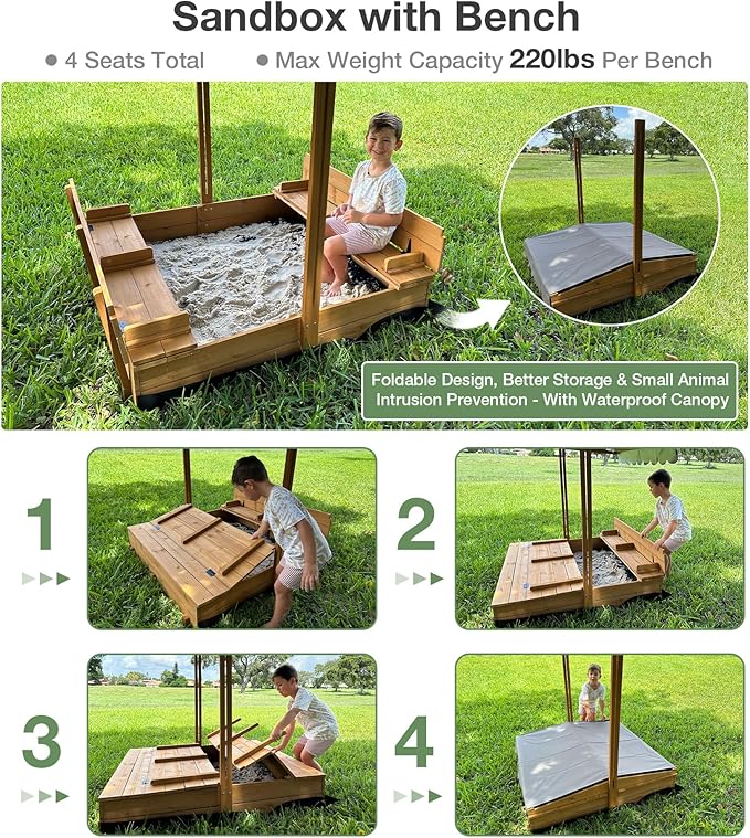 Sand Box with Lid and Cover, 47.2 Square Kids Sandbox with 3 Detachable Toy Bins, 360¡Æ Adjustable Canopy, Foldable Benches & Sand Leak-Proof Liner