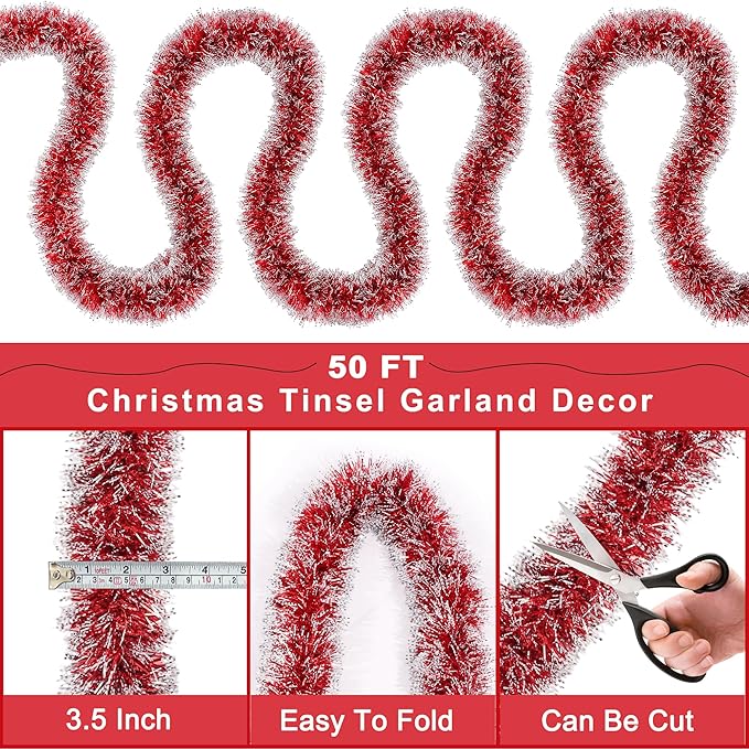 50FT Red White Christmas Tinsel Garland, Metallic Twist Xmas Garlands for Christmas Tree Decorations, Holiday Hanging Garlands for Mantel Staircase Indoor Outdoor Home Office Party Holiday Decor