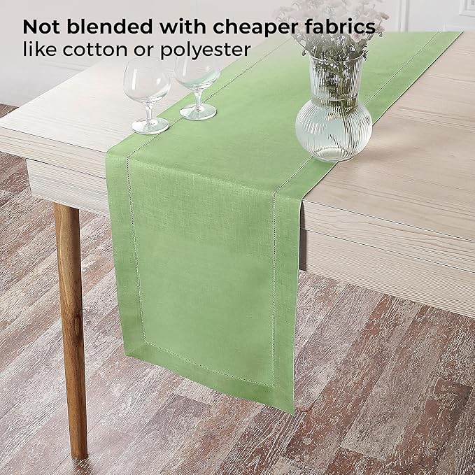 D'Moksha Homes Linen Sage Green Table Runner 36 Inches - 100% Pure Linen Small Table Runner 14 x 36 Inch Ideal for Dresser, Coffee Tables, Thanksgiving, Christmas, Holiday - Classic Hemstitch