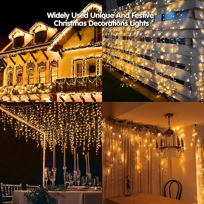 Led Christmas Lights Outdoor Christmas Decorations Hanging Light 400LED 8 Modes 75 Drops, Waterproof Outdoor Indoor Fairy Christmas Lights for Party, Holiday, Wedding, Eaves Decorations (Warm Light)