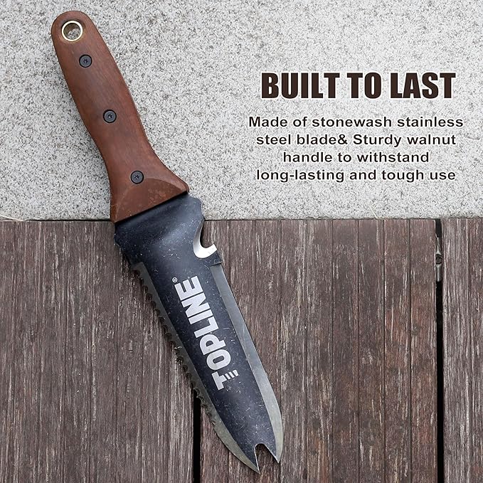 Topline Hori Hori Garden Knife with Oxford Sheath, 7”Stainless Steel Blade with Cutting Edge, Folked Tip Design, Full Tang Walnut Handle, Multifunctional Garden Tools for Weeding, Planting, Cutting