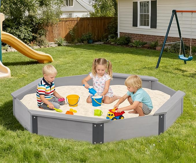 64''x56''x8.5'' Octagon Sandbox with Cover for Kids Outdoor Play, Wood Large Sandpit with 4 Benches, Quick Easy Install, US. Patented