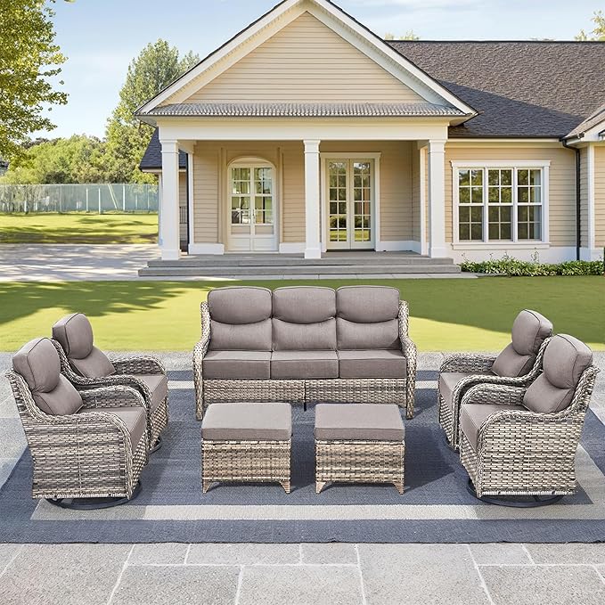 Luxury High Back Outdoor Furniture with 6-Inch Thick Cushions, Patio Furniture Set with Swivel Chairs, 7 PCS Wicker Conversation Set for Porch, Balcony, Deck and Yard