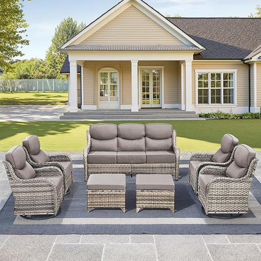 Luxury High Back Outdoor Furniture with 6-Inch Thick Cushions, Patio Furniture Set with Swivel Chairs, 7 PCS Wicker Conversation Set for Porch, Balcony, Deck and Yard