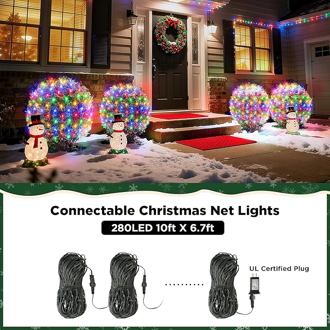 BlcTec Upgraded Outdoor Christmas Lights 280LED 10ft x 6.7ft Christmas Net Lights with UL Certified, 8 Modes, Timer, Connectable, Waterproof & Thick Wire for Bushes, Shrubs Decorations, Muticolor