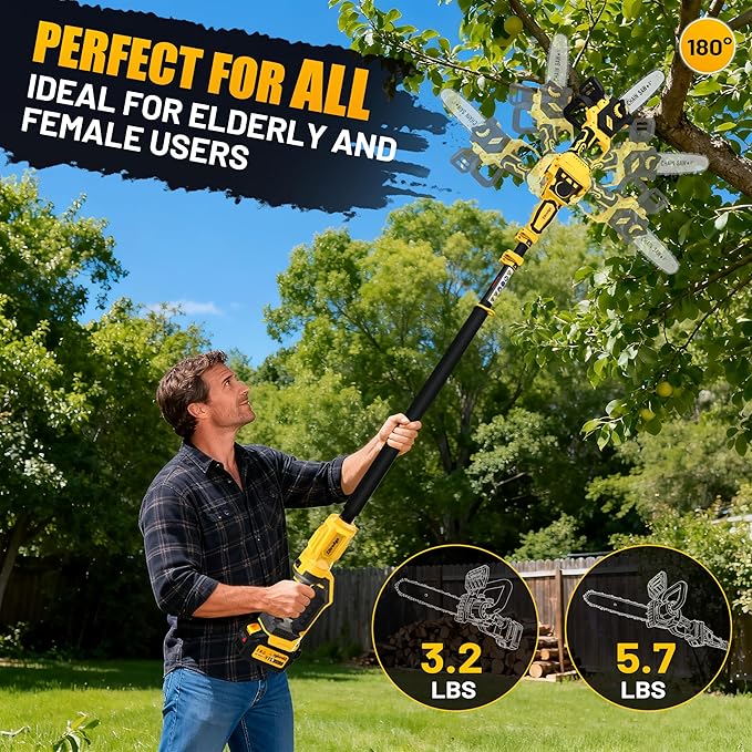 8 Inch/ 10 Inch Electric Pole Saws for Tree Trimming & Mini Chainsaw 4-IN-1, Cordless Pole Saw Battery Powered, Chain Saw with Extension Pole, Total Reach of Max 15ft, Limb Branch Cutter Pruner