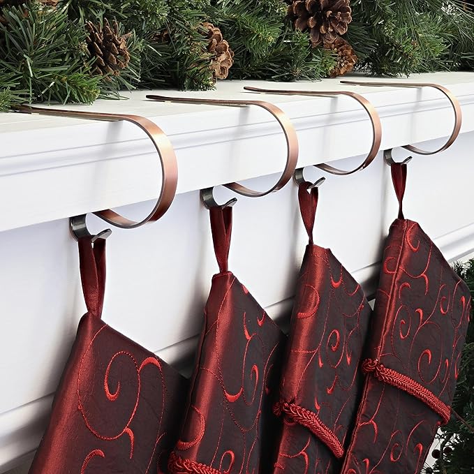 Haute Decor The Original MantleClip Stocking Holder - 4 Pack (Brushed Copper) - Hang Christmas Stockings Safely and Securely from Mantels Up to 3 Inches Thick