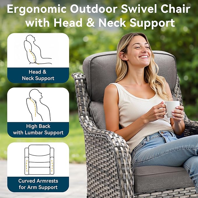 Luxury High Back Outdoor Furniture with 6-Inch Thick Cushions, Patio Furniture Set with Ottomans, 5 PCS Wicker Conversation Set for Porch, Balcony, Deck and Yard