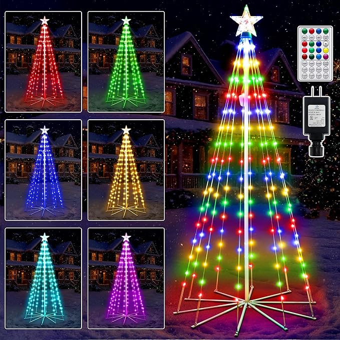 Ollny Christmas Tree Lights 6FT 170 LED, RGB 34 Modes Color Changing Outdoor String Light with Plug in Remote, Waterproof Star Lights for Xmas Outside Indoor Yard Porch Decorations