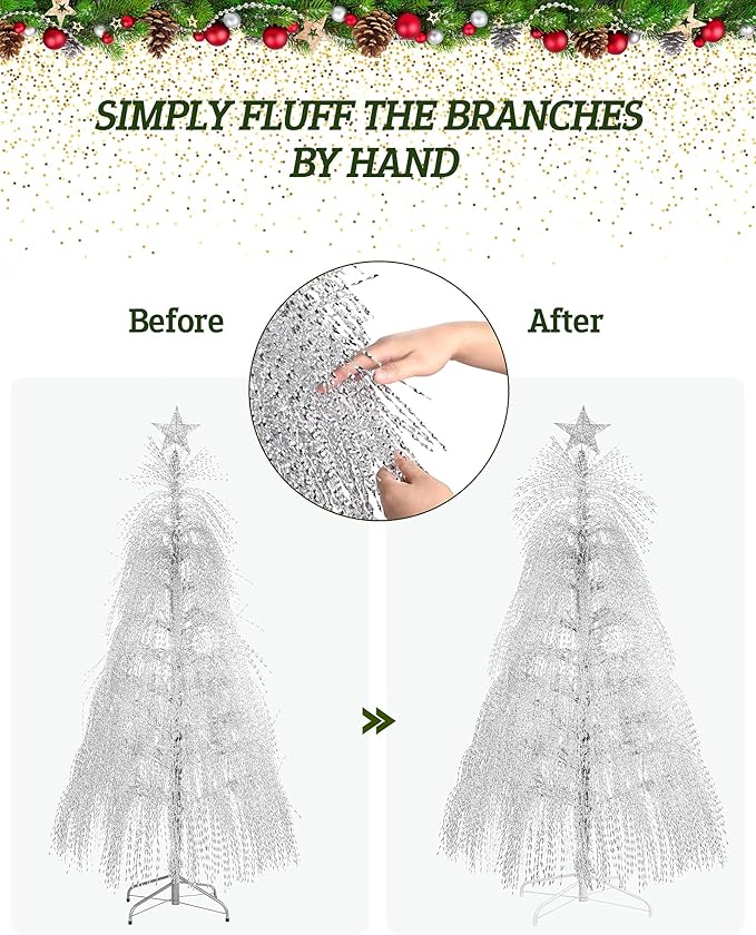 6.5ft Pre-Lit Artificial Christmas Tree, Christmas Tree with 180 LED Lights, 8 Lighting Modes, 2800 Tinsel Branches, Perfect for Indoor, Home, Party, Office, Apartment Decoration (Silver)