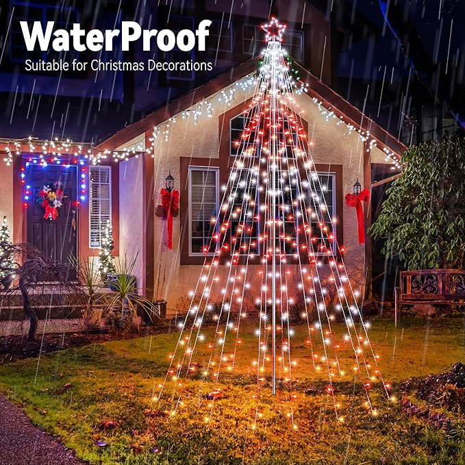 Flacchi Outdoor Star String Lights - Pole Set with Remote, Multiple Lighting Modes, Timer, and Waterproof Feature for Ultimate Holiday Decor (RGB, 10 FT/408LED)
