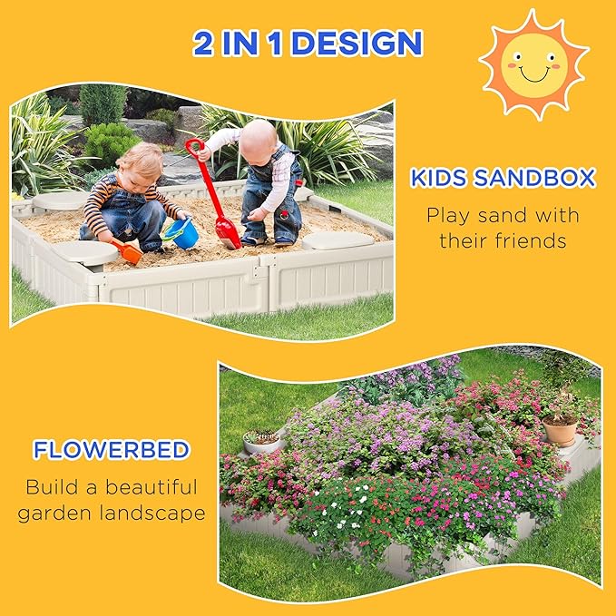 Outsunny Kids Outdoor Sandbox with Cover Garden Bed Sand Pit, Easy Assembly Children's Square Sandbox for Backyard, Cream White, 48.5 x 48.5 x 8.25