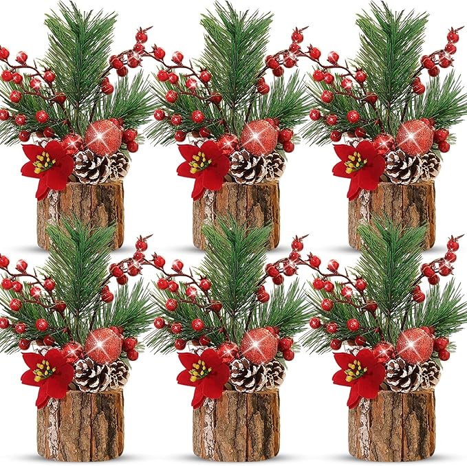 6 Pcs 11 Inch Christmas Tree Tabletop Artificial Mini Christmas Tree Decorations with Holiday Ornaments Pine Cone Berry Farmhouse for Fireplace Home Indoor Decor (Poinsettia)