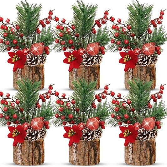6 Pcs 11 Inch Christmas Tree Tabletop Artificial Mini Christmas Tree Decorations with Holiday Ornaments Pine Cone Berry Farmhouse for Fireplace Home Indoor Decor (Poinsettia)