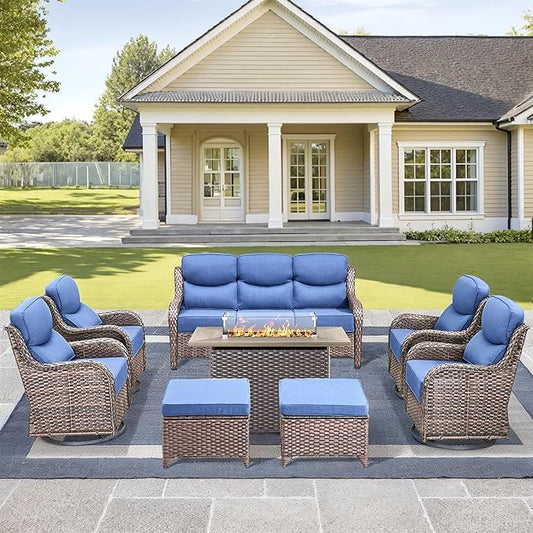 Luxury High Back Outdoor Furniture 6-Inch Thick Cushions with 50,000 BTU Gas Propane Fire Pit Tablet, Patio Furniture Set with Swivel Chairs, 8 PCS for Porch, Balcony, Deck and Yard