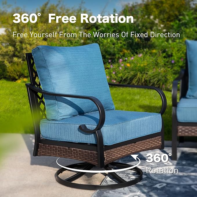 5 Piece Metal Outdoor Patio Furniture Set with Firepit Table, Patio Conversation Sets 1 3-Seater Sofa, 1 2-Seater Loveseat, 2 Swivel Chair with 5.75" Cushion for Backyard Deck, Blue-2
