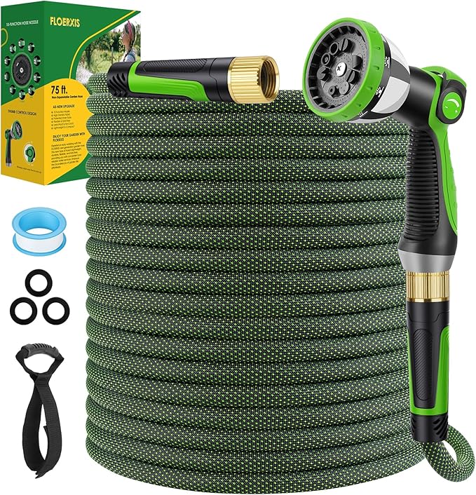 Non-Expandable Garden Hose 75 FT, Lightweight Hose with 10 Function Spray Nozzle, Kink-Free Flexible Water Hose, Durable, Leak-Proof, 360¡Æ Swivel Connectors, Portable Storage Strap