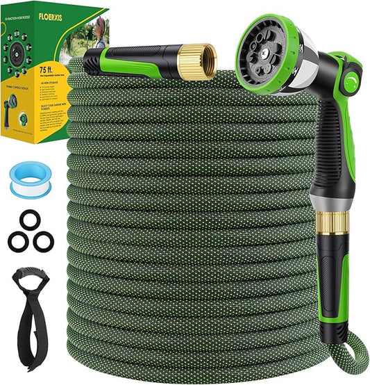 Non-Expandable Garden Hose 75 FT, Lightweight Hose with 10 Function Spray Nozzle, Kink-Free Flexible Water Hose, Durable, Leak-Proof, 360¡Æ Swivel Connectors, Portable Storage Strap