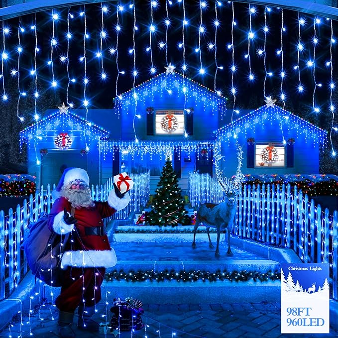 98FT 960 LED Christmas Lights, Waterproof 8 Modes Ice Lights for Outside with Memory and Timer Hanging Fairy Lights Plug-in Curtain String Lights for Holiday Party Wedding Home (Blue)