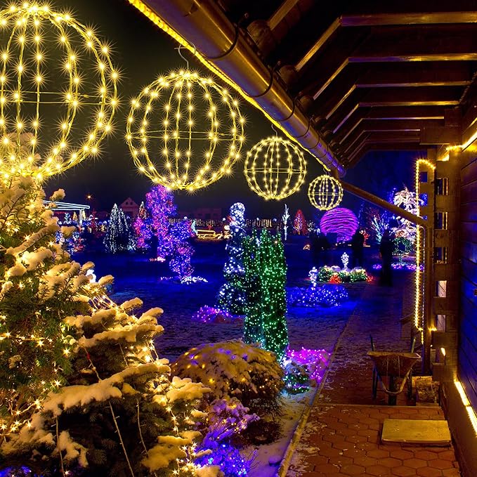 Joomer 2 Pack Christmas Big Ball Lights, 20IN & 18IN Foldable Metal Sphere Lights Waterproof with Timer, Plug-in Hanging Tree Globe Light for Christmas Decorations-Warm White (Non-connectable)
