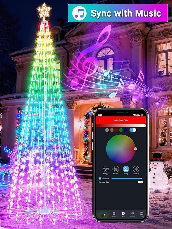 Flacchi Smart Christmas Cone Tree Lights - Star Tree Topper with Removable Bracket, App Control, Sync with Music, Waterfall Colored Lights for Indoor Outdoor Xmas Decorations (9.8FT/ Rope Lights)