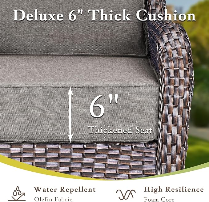 Luxury High Back Outdoor Furniture with 6-inch Extra Thick Cushions, Patio Furniture Set with Swivel Chairs, 8 PCS Wicker Conversation Set for Yard, Deck, Poolside, Brown/Grey