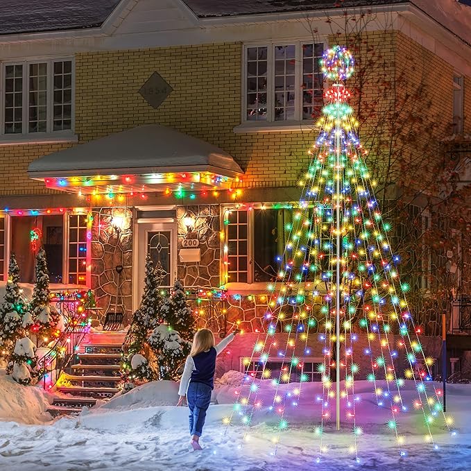 Flacchi 10 FT 432 LED Ball String Lights Outdoor - Pole Set with Remote, Multiple Lighting Modes, Timer, and Waterproof Feature for Ultimate Holiday Decor (Cool White & Multicolor)