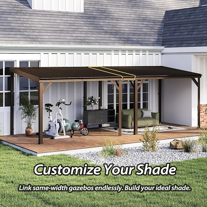 Domi 8'x10' Wall Mounted Hardtop Gazebo, Connectable Lean to Pergola with Gutters & Galvanized Steel Roof, 60MPH Wind Resistance, Outdoor Heavy Duty Metal Awning for Patio, Deck, Backyard - Brown