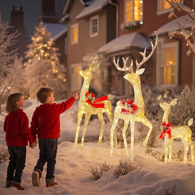 JOYIN Outdoor Christmas Decorations for Yard, 3 Pcs Lighted Christmas Deer Family Set, 3 4 5FT Warm White LED Lights Christmas Yard Decor, 3D Reindeer with Ground Stakes for Lawn Garden Porch Holiday