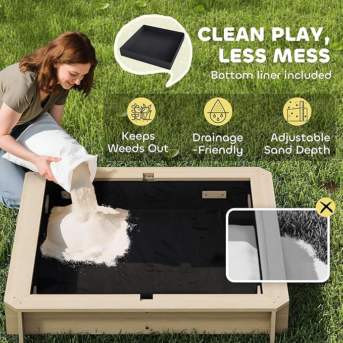Outsunny Wooden Sandbox with Lid, Kids Sandbox with Canopy Outdoor, Sand Box with Foldable Bench Seats and Sand Protection, Bottom Liner Included, Kids Gift for Aged 3-7, 47X47 in, Natural