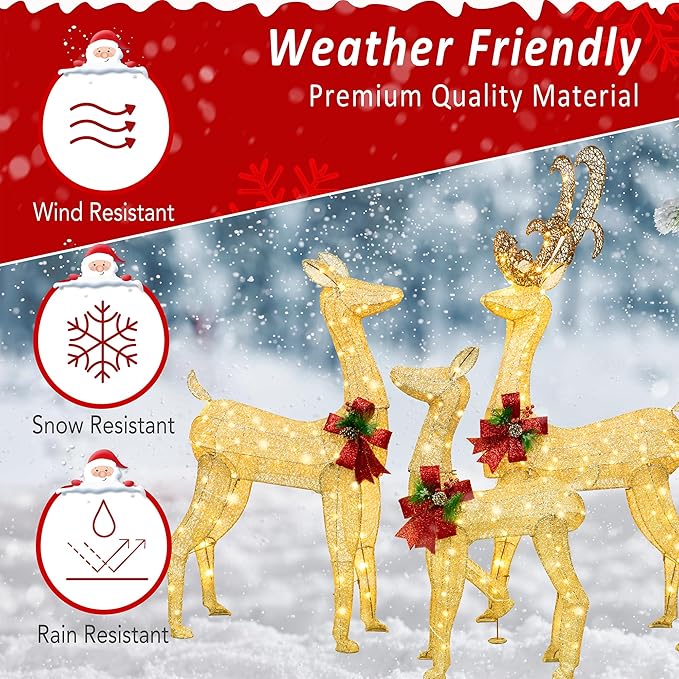 5Ft 3-Piece LED Lighted Christmas Deer Family Outdoor Yard Decorations,3D Super Large Christmas Reindeer Decor,Outdoor Lighted Holiday Deer with 360 LED Displays for Patio,Lawn & Garden-Gold