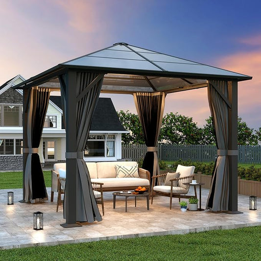 10x10FT Gazebo Hardtop, Outdoor Patio Gazebos with Polycarbonate Roof & Steel Frame, Outdoor Pavilion with Gray Curtain&Netting for Backyard/Lawn/Garden/Deck