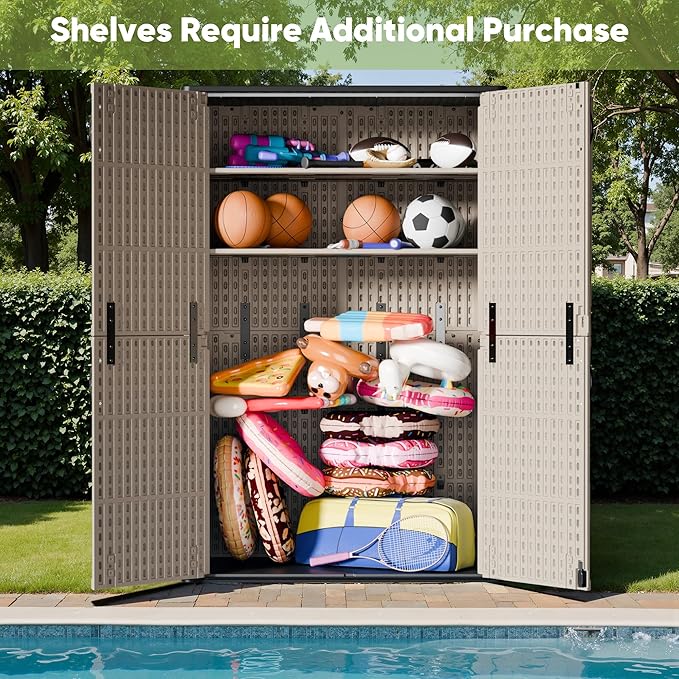 Devoko Outdoor Storage Cabinet 50 Cu Ft with Lockable Doors, Vertical Storage Shed Waterproof Patio Tools Storage Box for Sofa Cushions, Gardening Tools and Accessories (Beige)